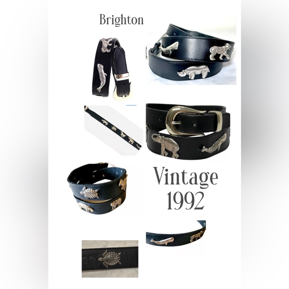 Vtg 1992 Brighton Honest Black Leather Safari Animal Belt 34 Rare 60403